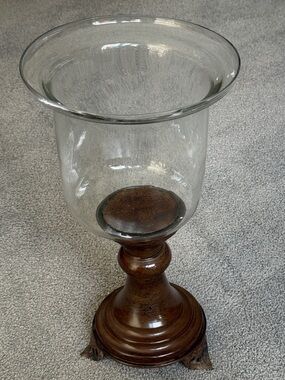 Wood and Clear Glass Hurricane Pillar  Candle Holder. 18” Tall, 10” Across Top.